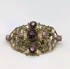 Vintage Filigree Brooch Pink Purple Czech Glass and Brass Costume Jewellery 1950