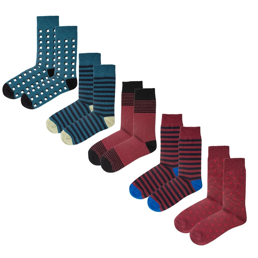 5pk Bordeaux & Manor Green Quintet - Organic Cotton Comfort Welt Socks (UK 9-12)