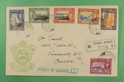DR WHO 1941 HONG KONG FDC KGVI COMBO WWII CENSORED TO CANADA R43432