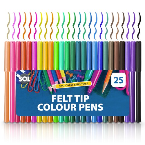 25 Felt Tip Pens Set Fine Fibre Drawing Markers Colouring Art School Colour Kids