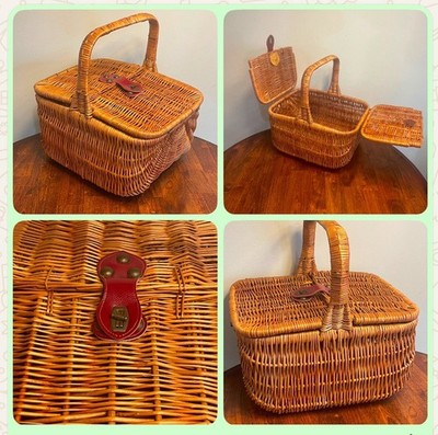 Vintage Wicker Picnic Basket Double Lid Leather Clasp Rattan Boho Storage Box