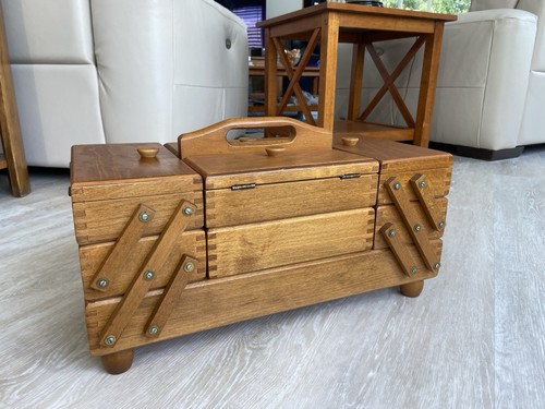 Vintage Accordion Style 3 Tier Fold Out Wooden Sewing Jewlery  Box Romania