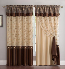 Embroidery Curtain Set, 2 Panel Drapes, w/ Backing Valance, Curtains For Home