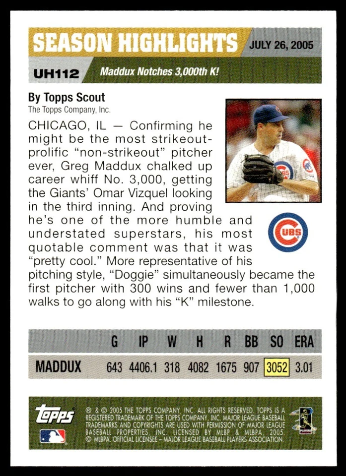 2005 Topps Updates & Highlights Greg Maddux Chicago Cubs #UH112 - Image 2 of 2