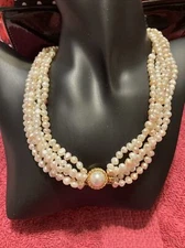 VTG 5 Strand fresh water pearl necklace Hand Strung Pearls Gold Tone Clasp 18”L