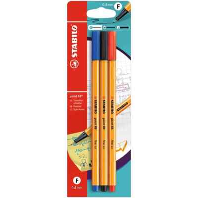 STABILO Point 88 FINEELINER-Tintenfeinschreiber-0,4 mm-3er Pack-ROT-BLAU-SCHWARZ
