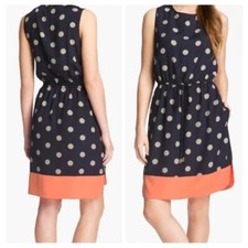 Eliza J Shift Dress, Size 4P Navy Blue Polka Dot Orange Trim Drawstring Pockets 