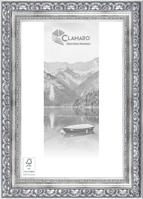 CLAMARO 'OTTO'Bilderrahmen Massivholz Design | Silber Gebürstet | Shabby_Barock