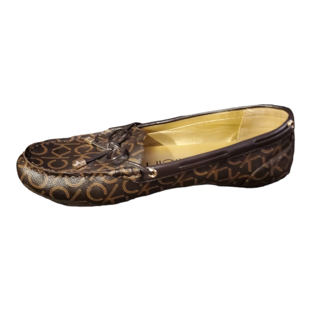 Calvin Klein Womens 9.5M Brown Monogram Logo Loafer Shoes Bow Tie W Gold Tips