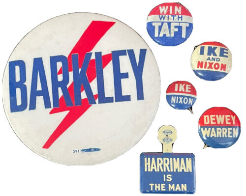 Lot de 6 broches Taft Barkley Dewey Warren Ike Nixon Harriman onglets revers années 1940 années 1950  - Photo 1 sur 9