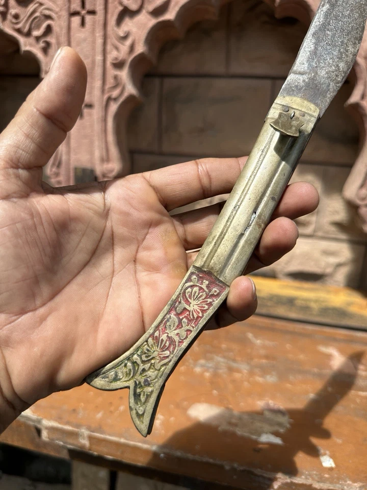Ancient Old Rare Brass Hand Carved Beautiful Meena Work Folding Pocket Knife - Image 2 of 4