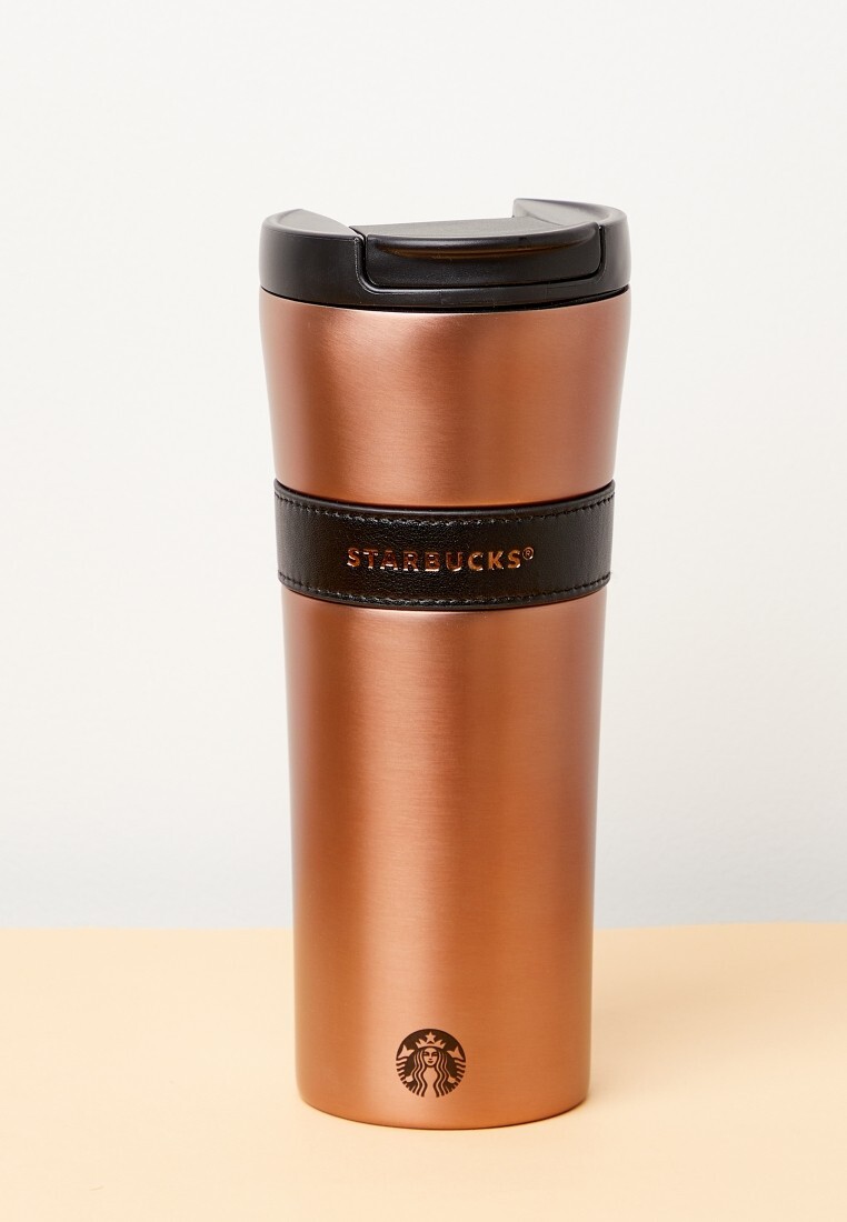 Starbucks Stainless Steel Tumbler Rose Gold w Leather Band 16oz Travel Mug  Rare