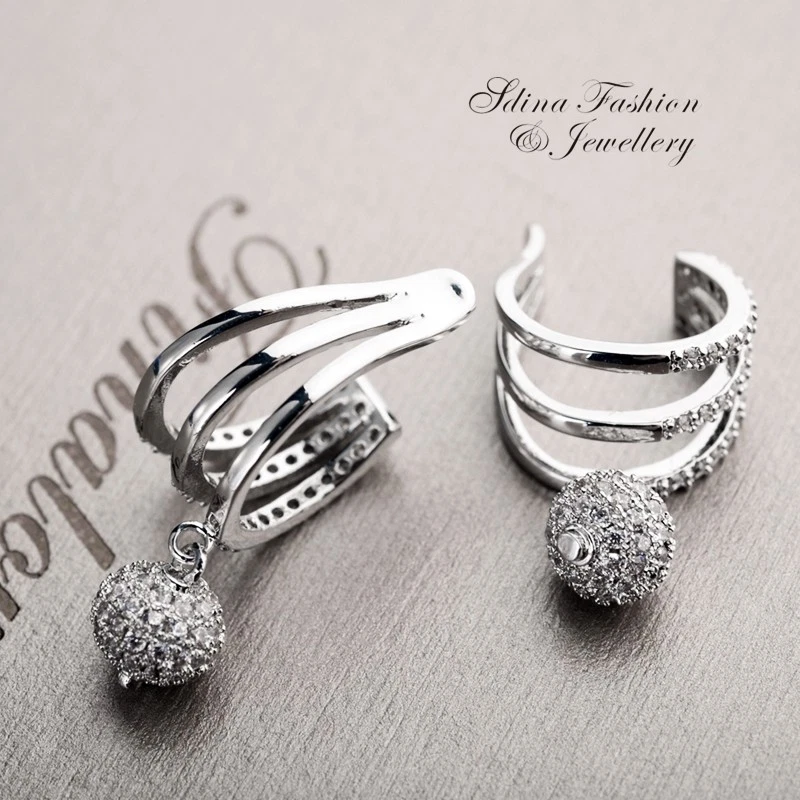 18K White Gold Filled Cubic Zirconia Studded Stylish Ball Ear Cuff Earrings — 第 4/4 张图片