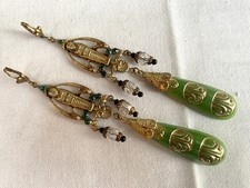 OLD  ART NOUVEAU SARCOPHAG EARRINGS, GREEN glass, signed CZECHO