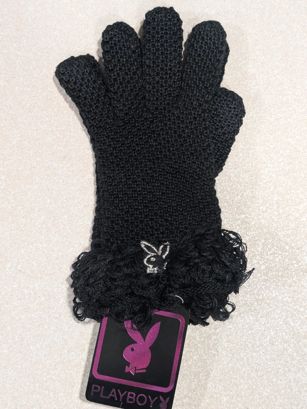2006 PLAYBOY Logo Black Crochet Women's Gloves Size Med. Stretch Wool Blend New