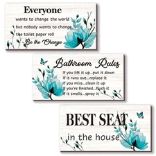 DONFENTHY 3-Piece Teal Bathroom Decor - Turquoise Flower Bathroom Rules Signs...