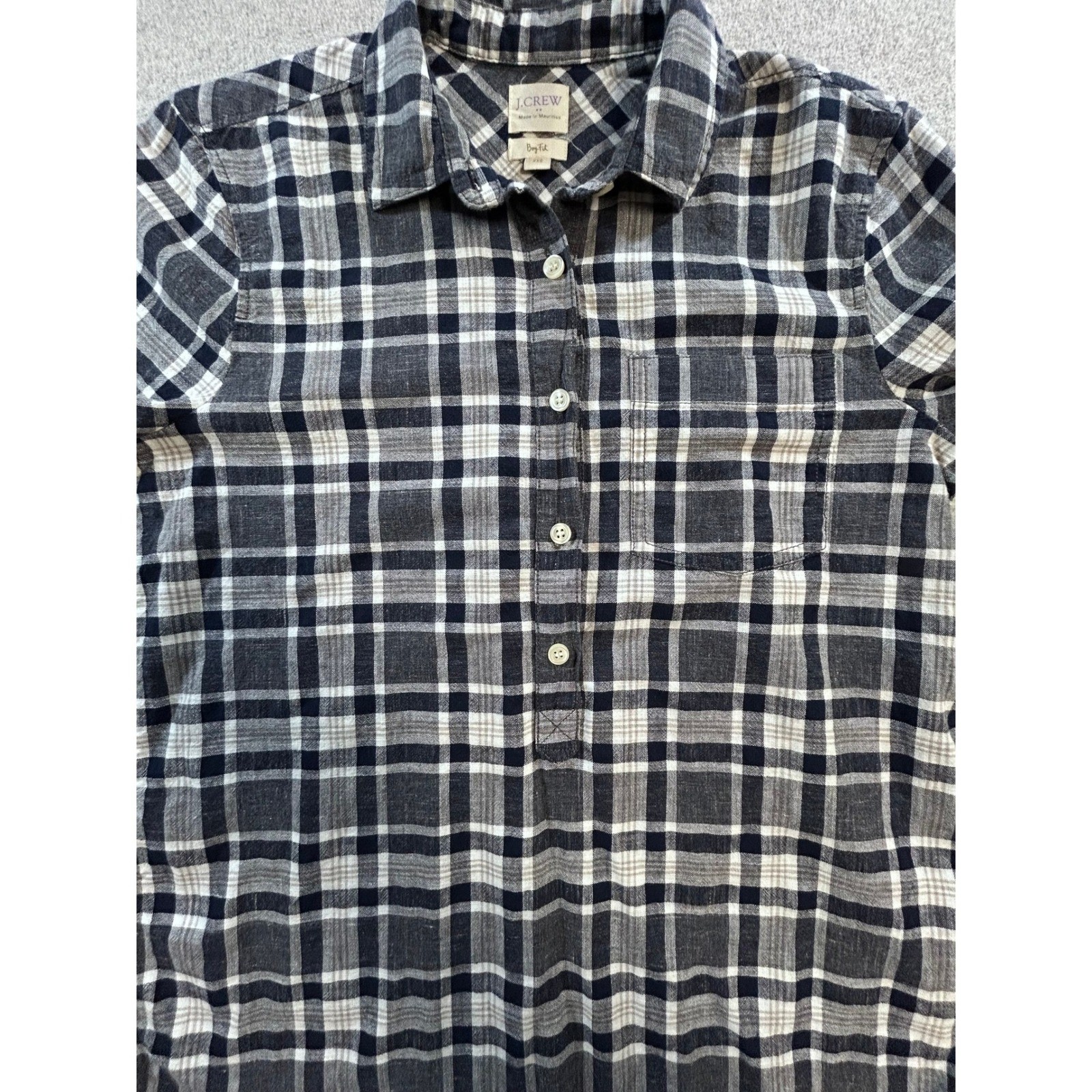 J.Crew Popover Shirt Kids XXS Navy Blue White Plaid Boy Fit Long Sleeve image 4