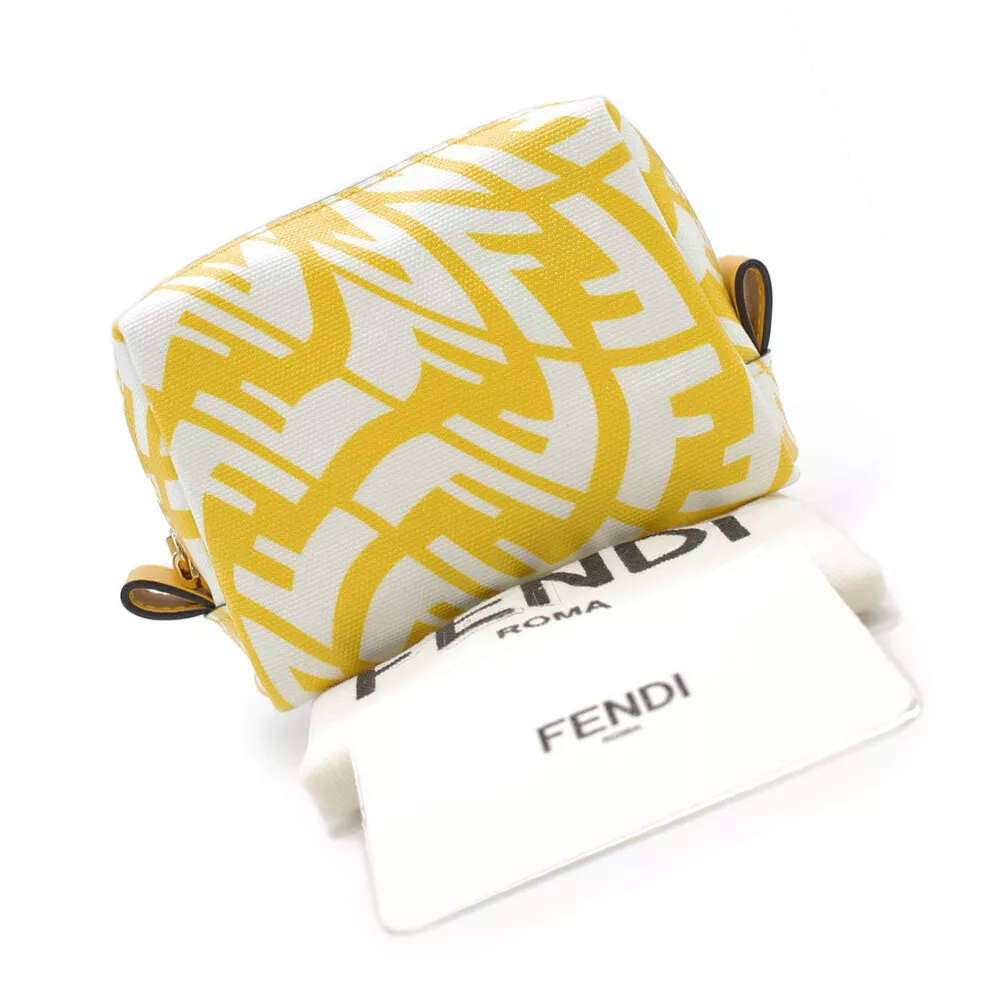 FENDI FF Vertigo Mini Beauty Pouch Makeup Bag Yellow White Authentic