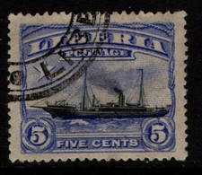 Liberia 1909 5c blue and black Gunboat "Lark" SG252 Used flag touching frame