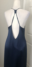 HALSTON HERITAGE 8 Navy Blue Satin LONG GOWN Formal V Neck Strapoy High Slit S/M