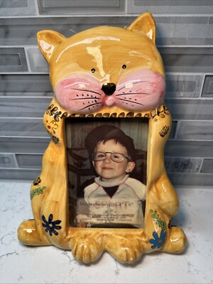 Ceramic Cartoon Kitty Cat Picture Frame Yellow Blue Flowers Holds 4''X6'' Photo