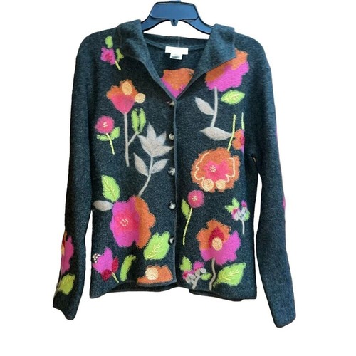 Vintage Talbots PM 100 % grau Lammwolle handbestickt Blumen Cardigan Pullover - Bild 2 von 6