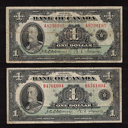 1935 ENGLISH $1.00 BC-1 Series A + B ** 1st Small George V Canada One Dollar Set - Foto 1 di 2
