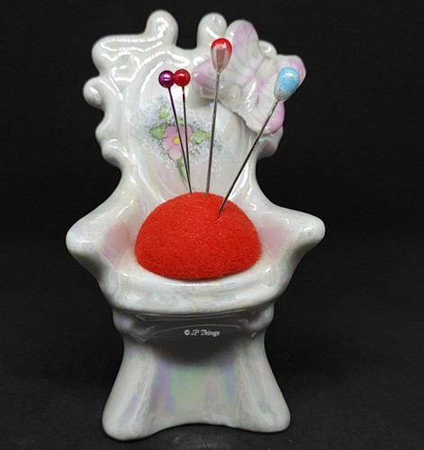 1950's Chair Sewing Pin Cushion White Luster with Butterfly and Floral Back