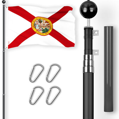 Combo: 16 Ft Telescoping Flagpole Black & Florida FL State Flag 3x5 Ft Emb 210D