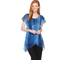 H Halston Short Slv Chiffon Overlay Printed Tunic~Plus 28~Navy~A288607~New