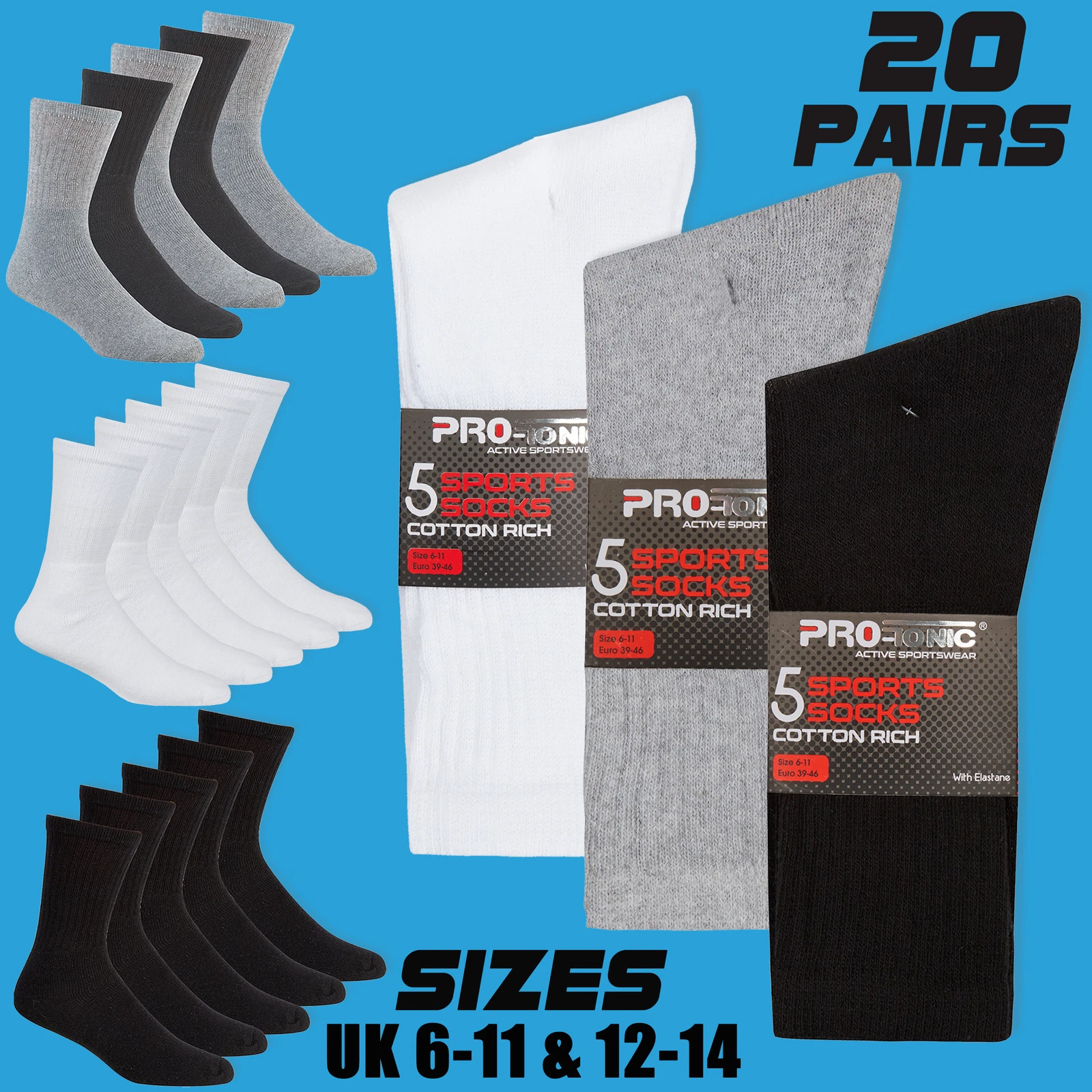 Mens 20 Pairs Cotton Rich Sports Socks Plain Black White Grey Size 6-11 & 12-14