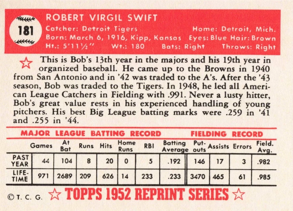 1983 Topps Baseball 1952 Reprint Bob Swift Detroit Tigers #181 - Image 2 of 2