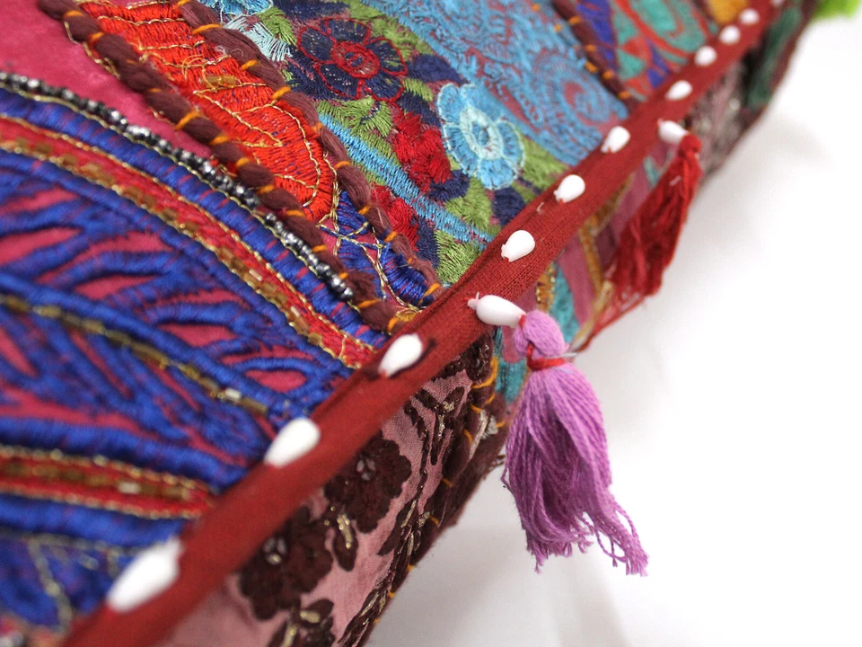 Indian Handmade Cotton Square Floor Decorative Patchwork Cushion Cover Burgundy - Image 4 of 4