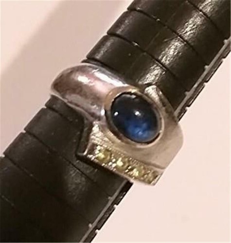 Vintage Vargas White Gold Electroplate (18 kt) Ring Faux Sapphire Oval Cabochon - Picture 3 of 4