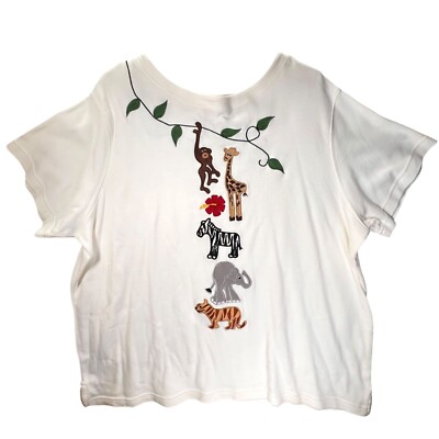 Vtg Bechamel Tee Shirt  Jungle Monkey Embroidered T Shirt Top 2X Giraffe Zebra