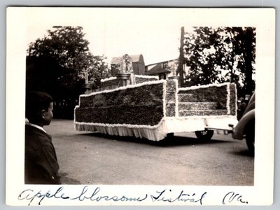 Vtg B&W Snapshot Boy Watching Parade Float Apple Blossom Festival 1937