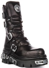 New Rock 373 Metallico pelle Mid Polpaccio Plateau Donna Stivali Neri UK 4 - 11