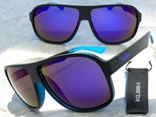 Classic Sleek Modern Retro Sporty KUSH SUNGLASSES Large Black Frame Blue Lens