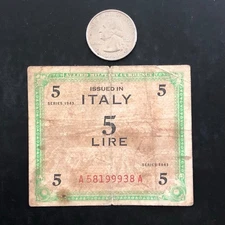 1943 Italy 5 Lire World War 2 Signed Allied Military Currency - Circulated