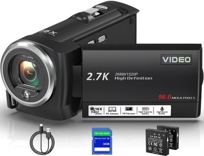 Camcorder Video Camera QHD 2.7K 56MP 16X Digital Zoom Vlogging Camera with LE...