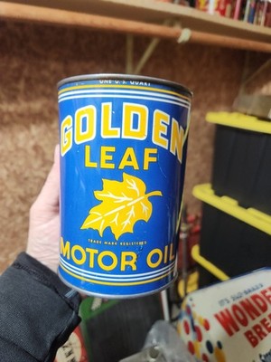 Vintage Rare GOLDEN LEAF Motor Oil Can Empty Soldered Seam Near Mint 