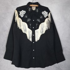 Vintage H Bar C Shirt Mens 16 Black Taos Western Fringe Pearl Snap Sequin 70s