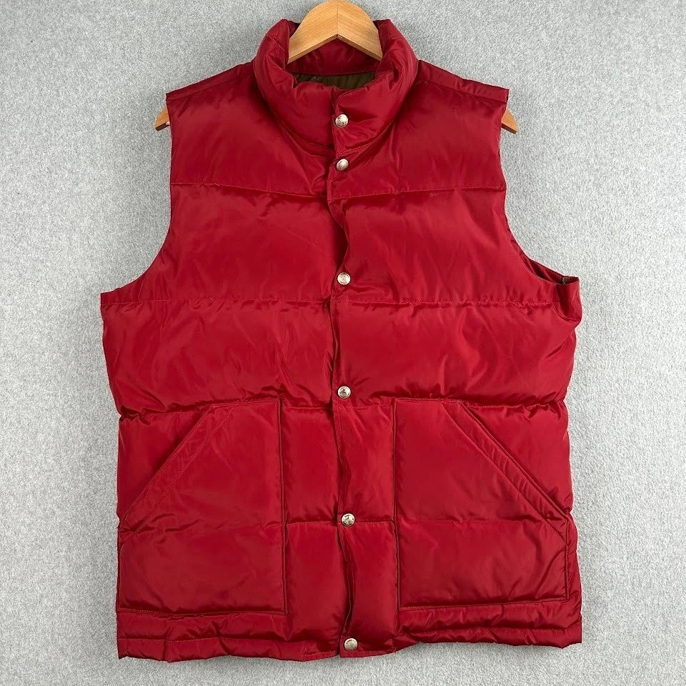 Lands End Red Puffer Vest Goose Down Fill Insulated Men's Medium Snap Button Up
