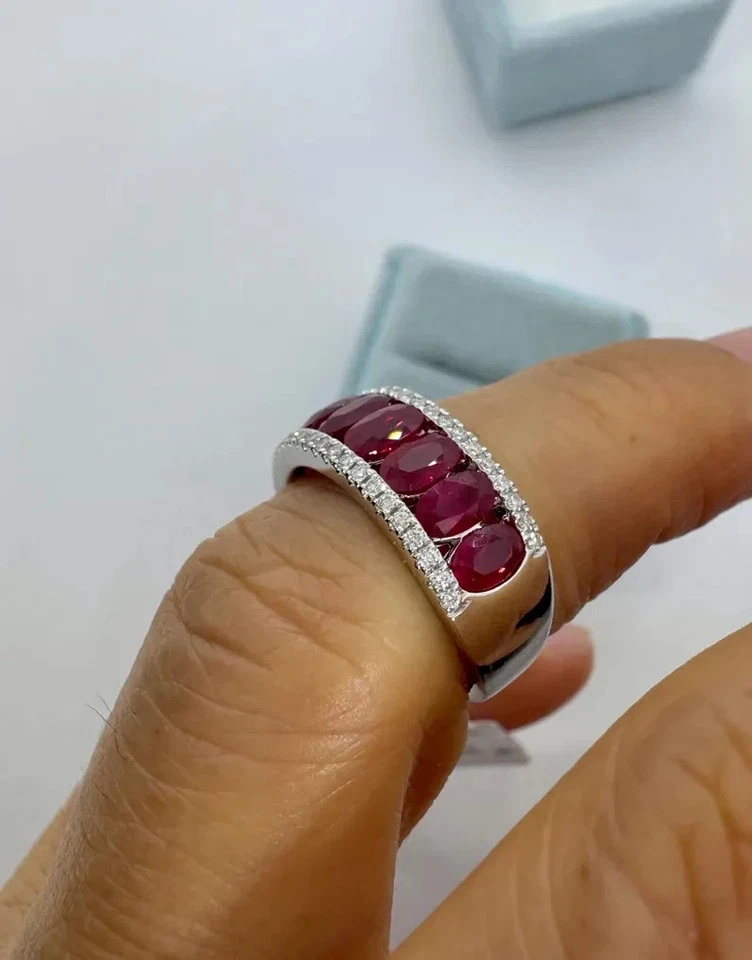 2.83Ct Oval Cut Lab-Created Red Ruby Art Deco Wedding Band 14K White Gold Plated - Image 4 of 4