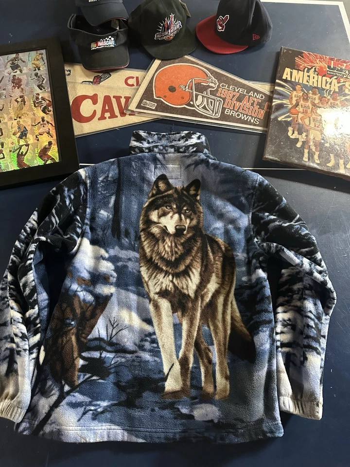 Jaqueta de lã Trail Crest Wolf tamanho G zíper completo madeira inverno estampa total adulto - Imagem 4 de 4