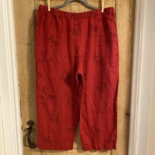 Chico's 100 Linen Red Pull On Crop Wide Leg Pants Sz 3 US L With Birds
