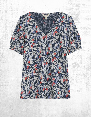 Womens Seasalt Short Sleeve Cotton Cuff Sleeve Top Marine Blue Floral