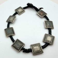 VTG Y2K Silver Tone Square Greek Key Panel Bracelet Black Cord Women's Jewelry
