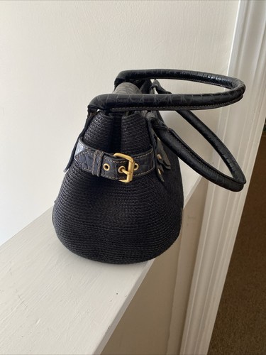 Eric Javits Black Woven Squishee Straw Croc Embossed Leather Shoulder Bag - Picture 5 of 16