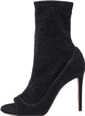 New AQUAZZURA Black Glitter Lurex Fabric Eclair Ankle Booties Italy Size 36 $765